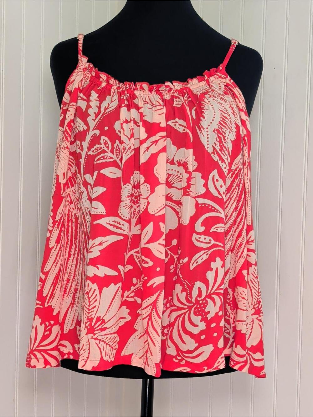 Elan Large Red and Cream Floral Print Spaghetti Strap Tank Top L